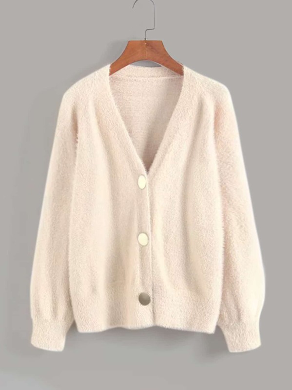

V-Neck Button Through Fluffy Cardigan, Beige