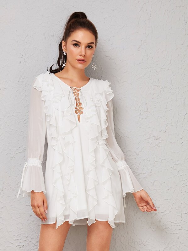 

Lace Up Layered Ruffle Flounce Sleeve Dress, White, Vlada