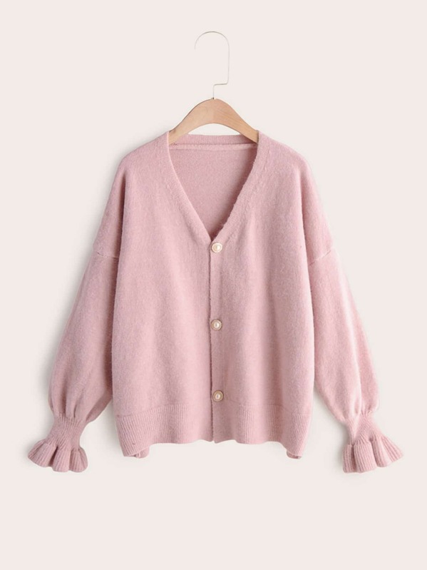 

V-Neck Button Through Ruffle Cuff Cardigan, Pink