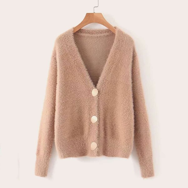 

V-Neck Button Through Fluffy Cardigan, Khaki