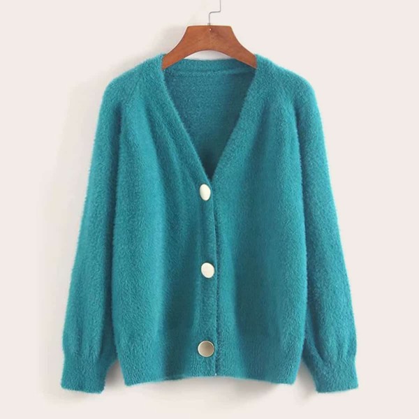 

V-Neck Button Through Fluffy Cardigan, Blue