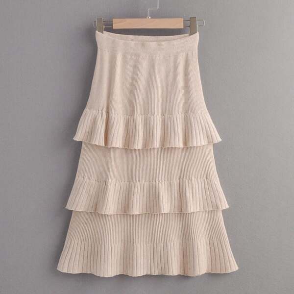 

Solid Tiered Layered Sweater Skirt, Beige