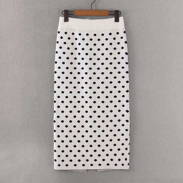 

Polka Dot Split Hem Sweater Skirt, Black and white