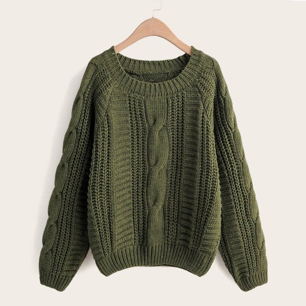 

Solid Cable Knit Raglan Sleeve Sweater, Army green