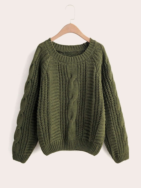 

Solid Cable Knit Raglan Sleeve Sweater, Army green