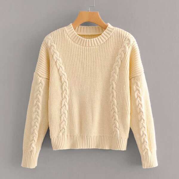 

Twist Cable Knit Drop Shoulder Sweater, Beige