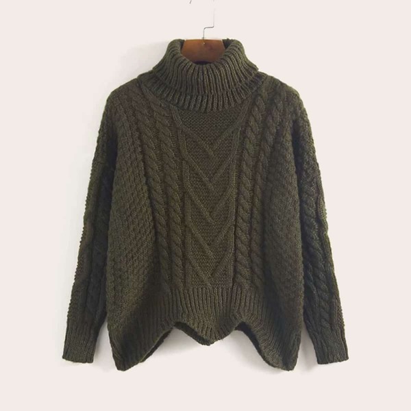 

Solid Turtleneck Cable Knit Scallop Hem Sweater, Army green