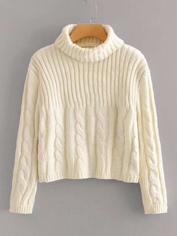 

High Neck Cable & Ribbed Knit Jumper, Beige