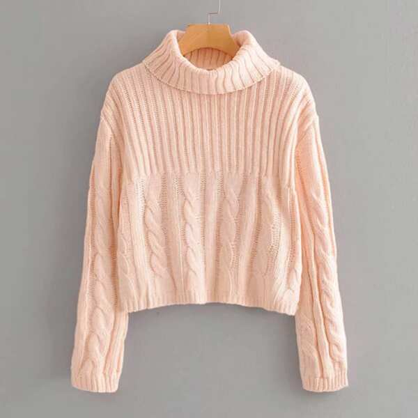 

Solid Turtleneck Cable Knit Sweater, Beige