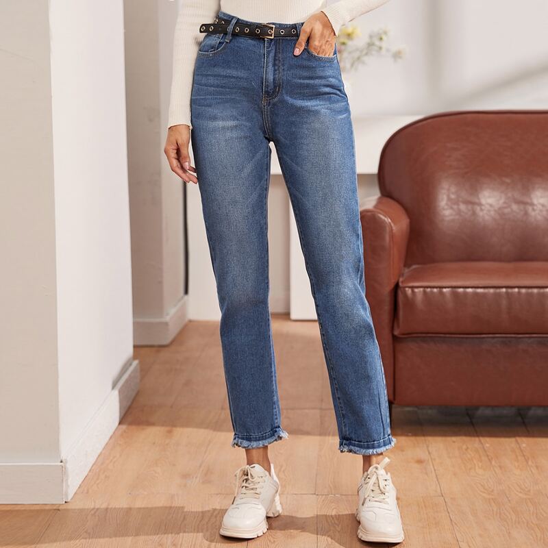 

Raw Hem Straight Leg Jeans Without Belt, Blue