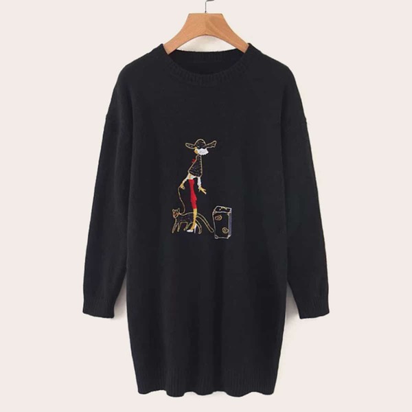 

Cartoon Embroidery Drop Shoulder Longline Sweater, Black