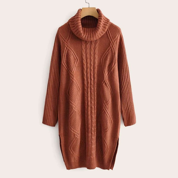 

Cable & Argyle Knit Turtleneck Longline Sweater, Brown