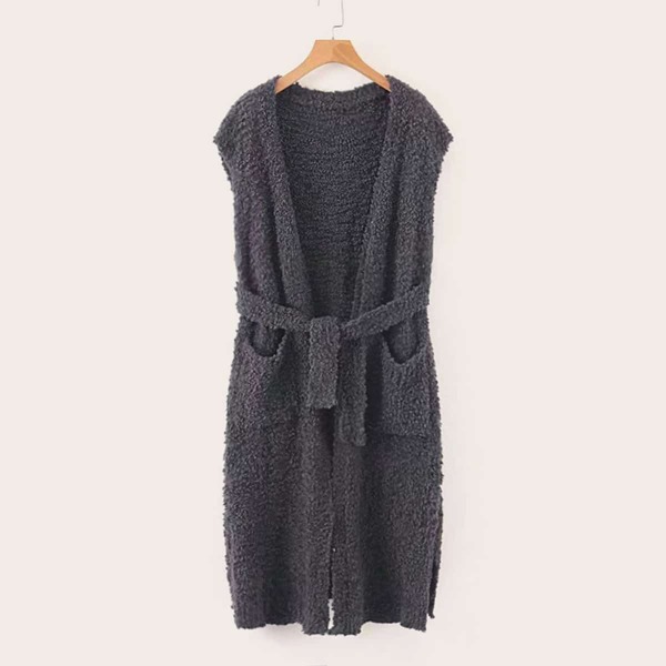 

Dual Pocket Belted Fluffy Vest Coat