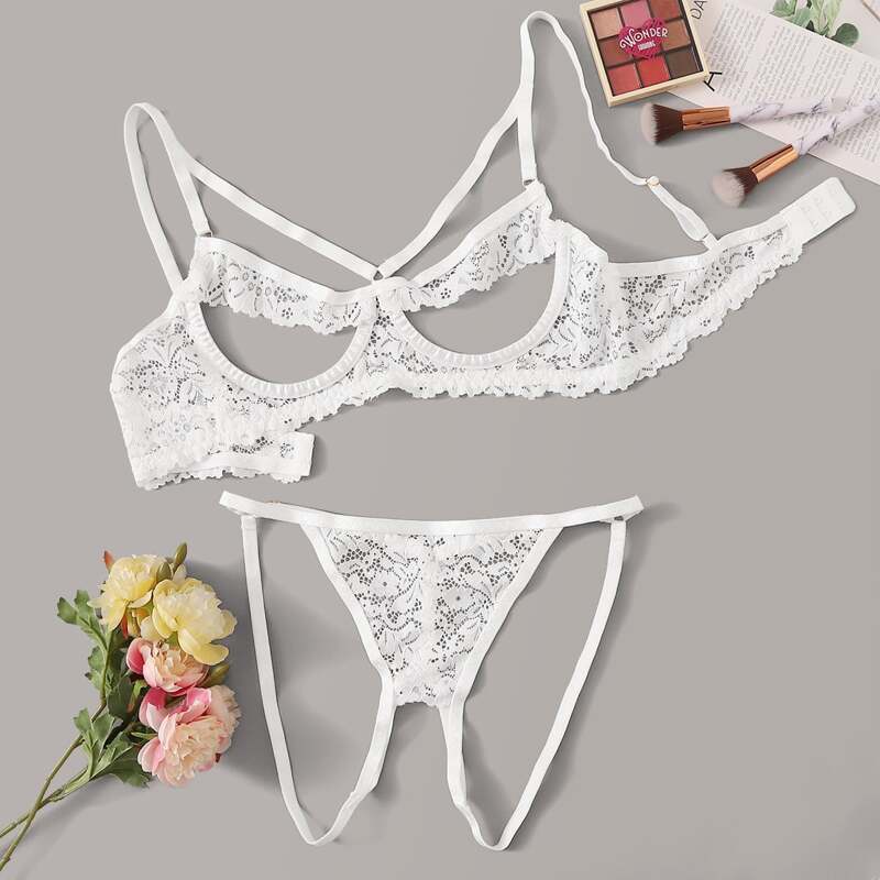 

Floral Lace Sheer Underwire Lingerie Set, White