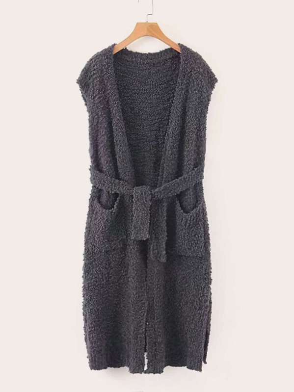 

Dual Pocket Belted Fluffy Vest Coat, Grey