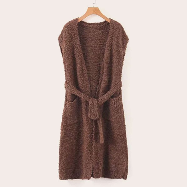 Dual Pocket Belted Fluffy Vest Coat