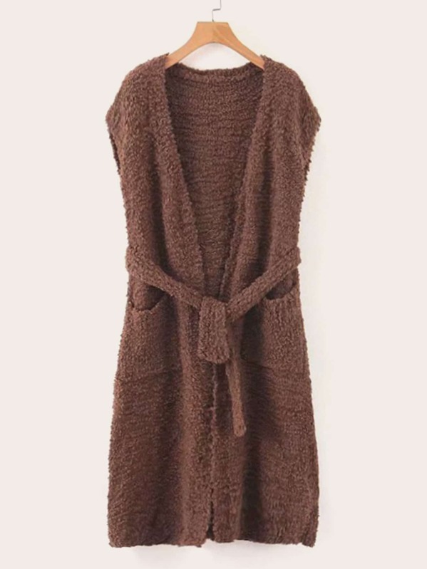 

Dual Pocket Belted Fluffy Vest Coat, Brown