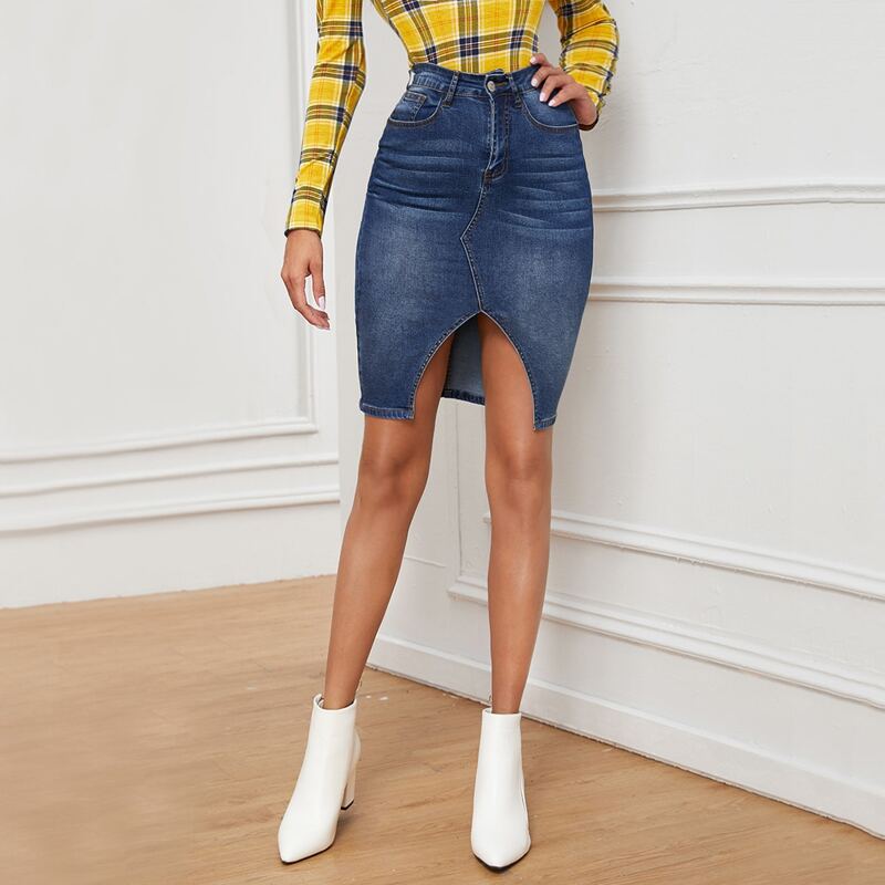 

Slit Hem Bodycon Denim Skirt, Blue