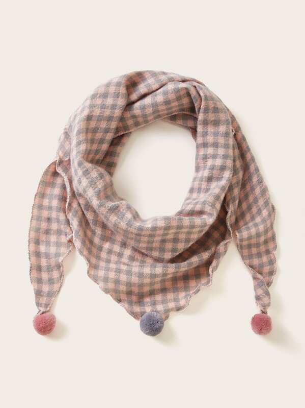 

Toddler Kids Pom Pom Decor Plaid Pattern Scarf, Multicolor