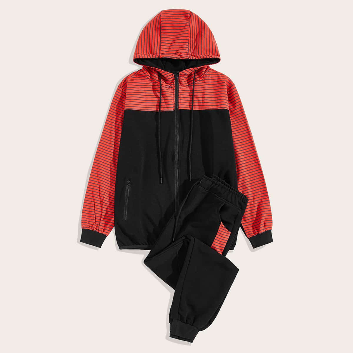 

Guys Color-block Striped Zip-up Hoodie Tracksuit, Multicolor