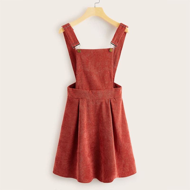

Solid Adjustable Strap Corduroy Pinafore Dress, Red
