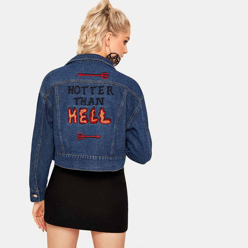 

Halloween Print Letter Embroidery Denim Trucker Jacket, Blue