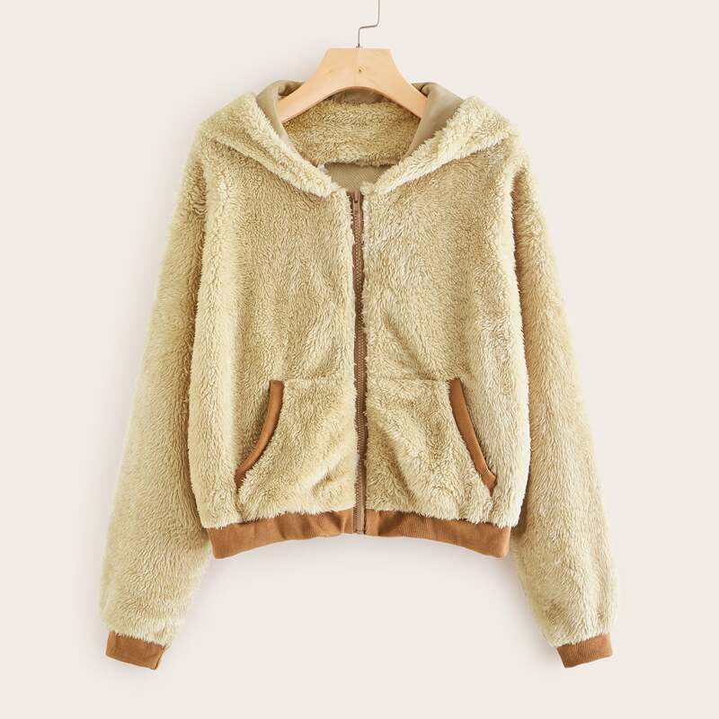 

Contrast Binding Zip-up Hooded Teddy Jacket, Khaki