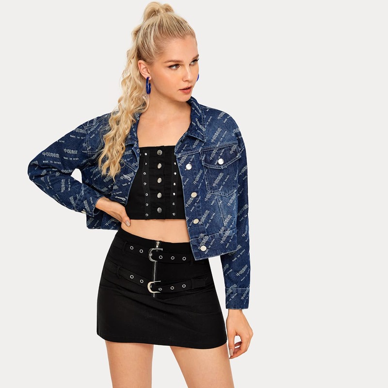 

Letter Graphic Denim Trucker Jacket, Blue
