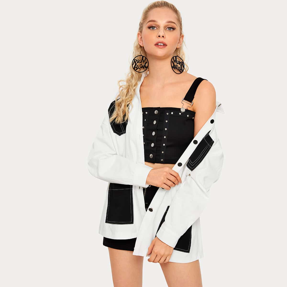 

Contrast Pocket Single-breasted Denim Coat, White