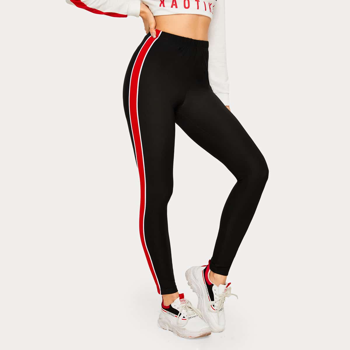 

Contrast Panel High Rise Skinny Leggings, Black