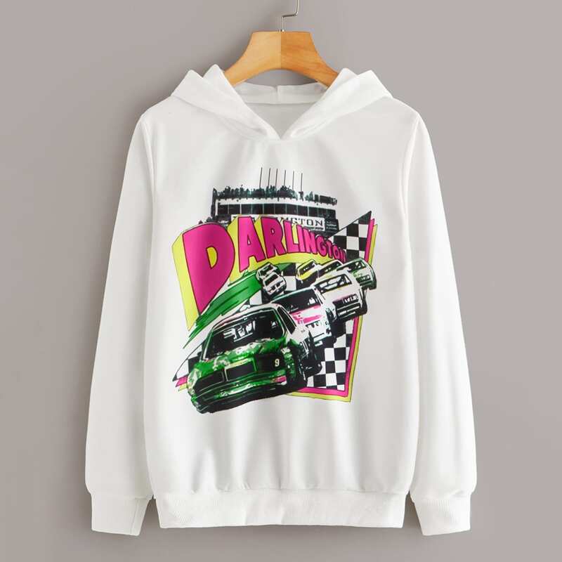 

Letter & Car Graphic Hooded Sweatshirt, White