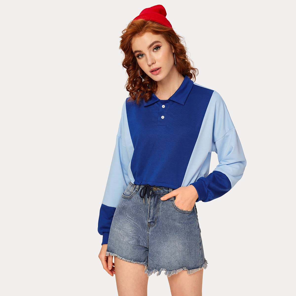 

Contrast Panel Polo Neck Sweatshirt, Blue