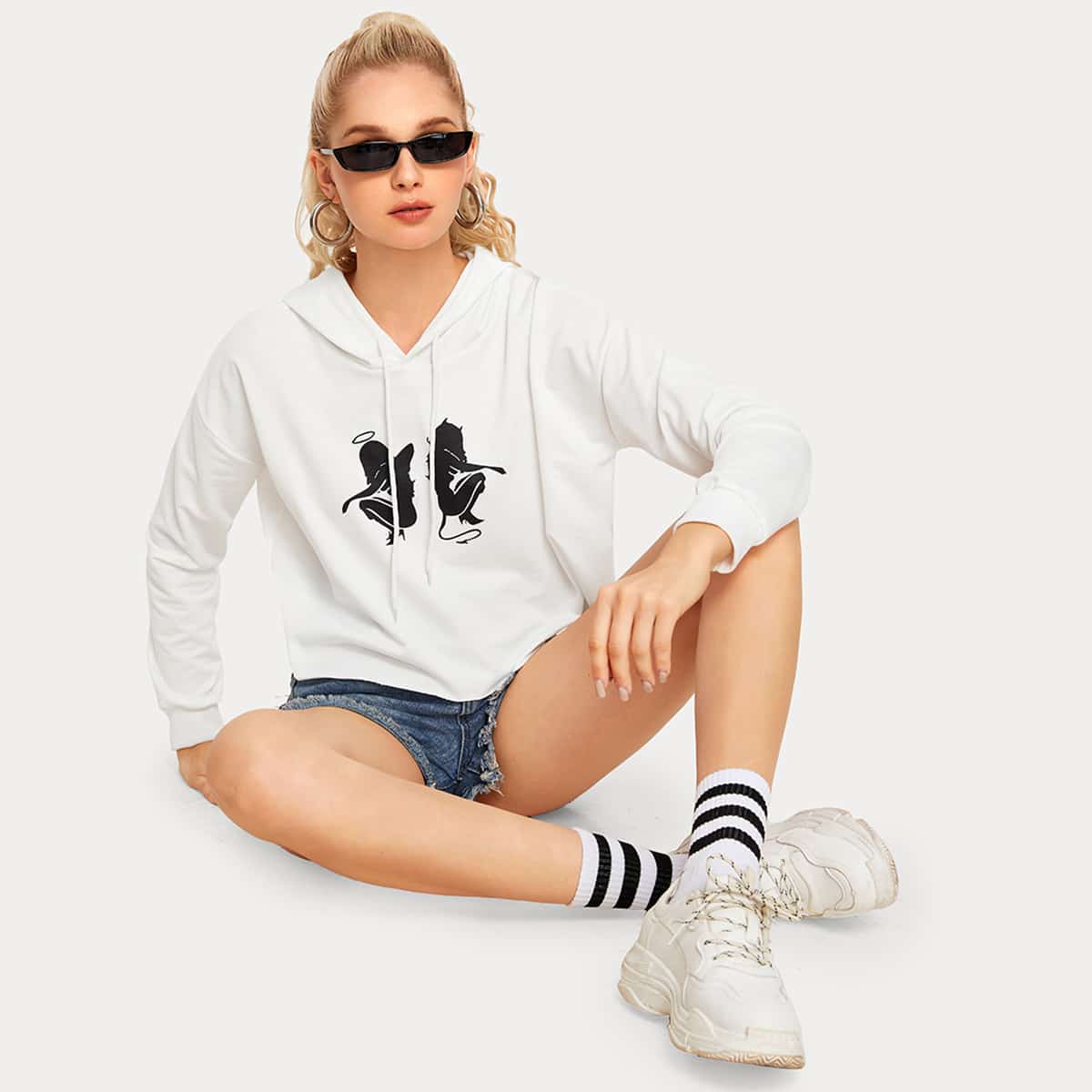 

Angel & Demon Graphic Drawstring Hoodie, White