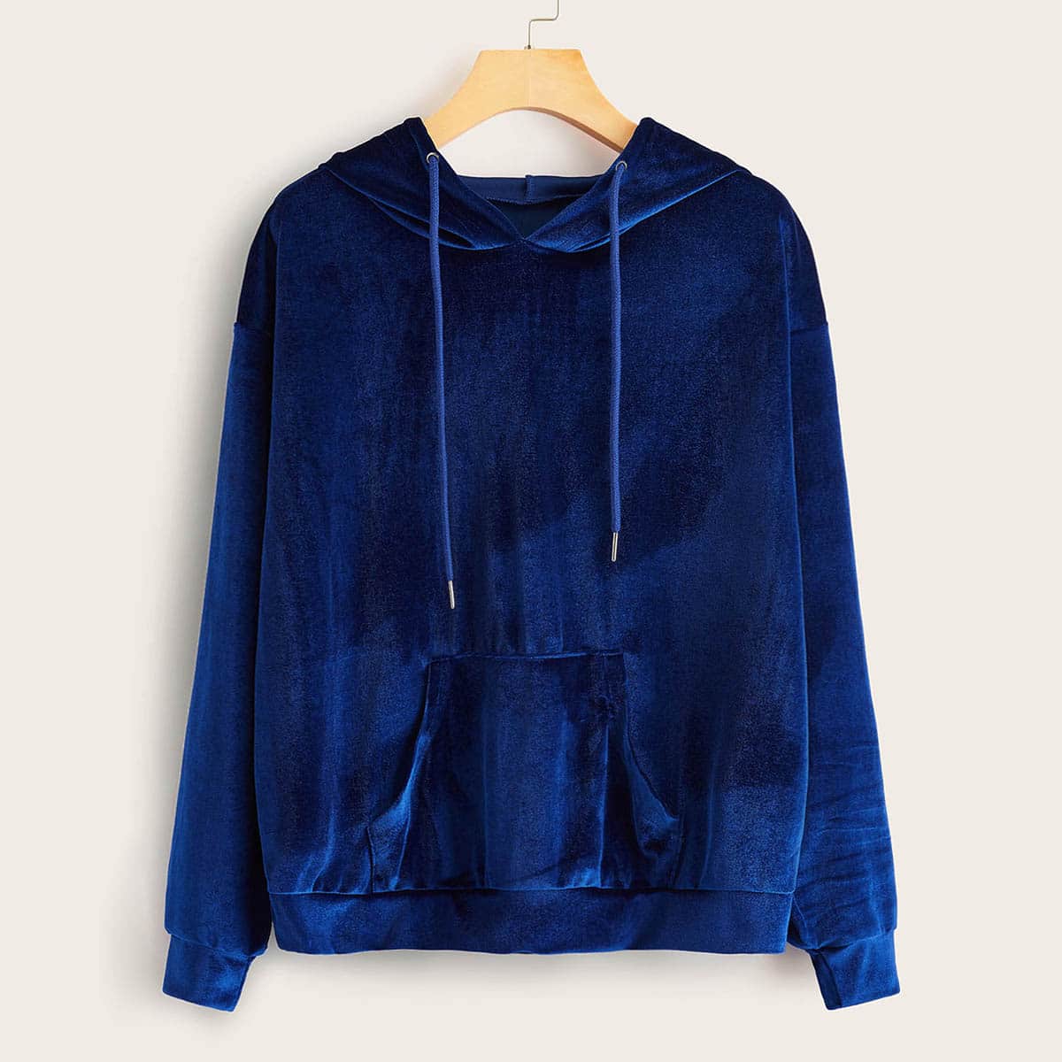 

Solid Kangaroo Pocket Drawstring Velvet Hoodie, Blue