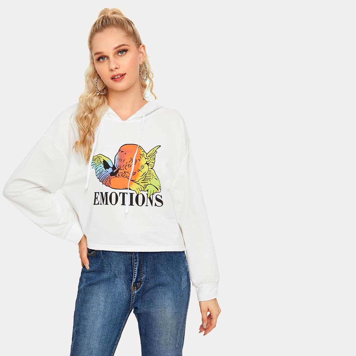 

Angel & Letter Graphic Drawstring Hoodie, White