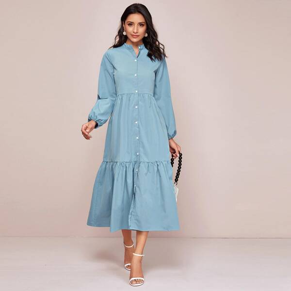 

Button Through Ruffle Hem Shirt Dress, Blue