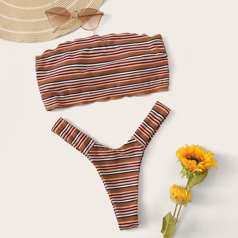 

Striped Bandeau With High Cut Bikini Set, Brown