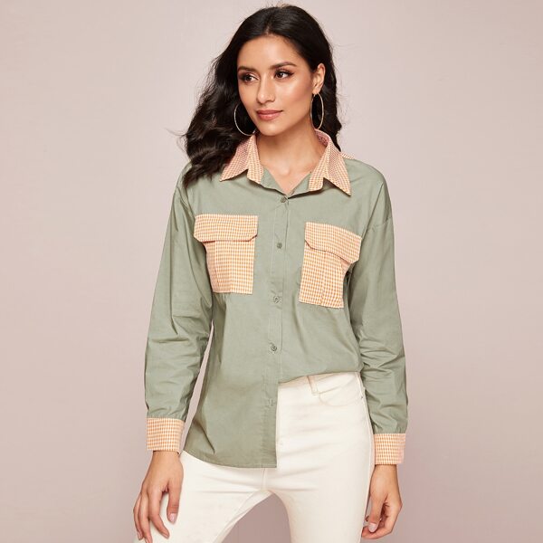 

Contrast Plaid Button Through Blouse, Army green pastel