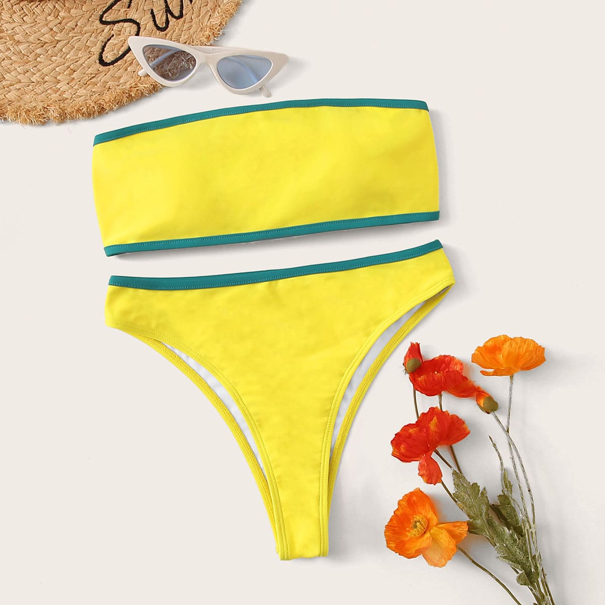

Contrast Binding Bandeau Bikini Set, Yellow bright