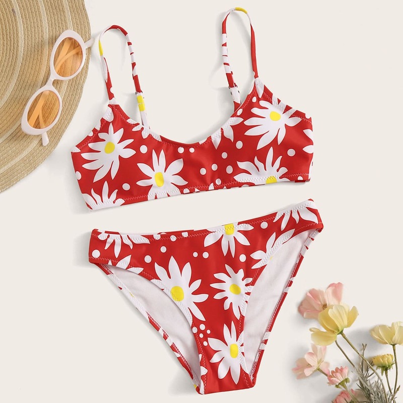 

Floral Print Top With Cheeky Bikini Set, Red