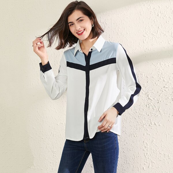 

Contrast Panel Button Through Blouse, White
