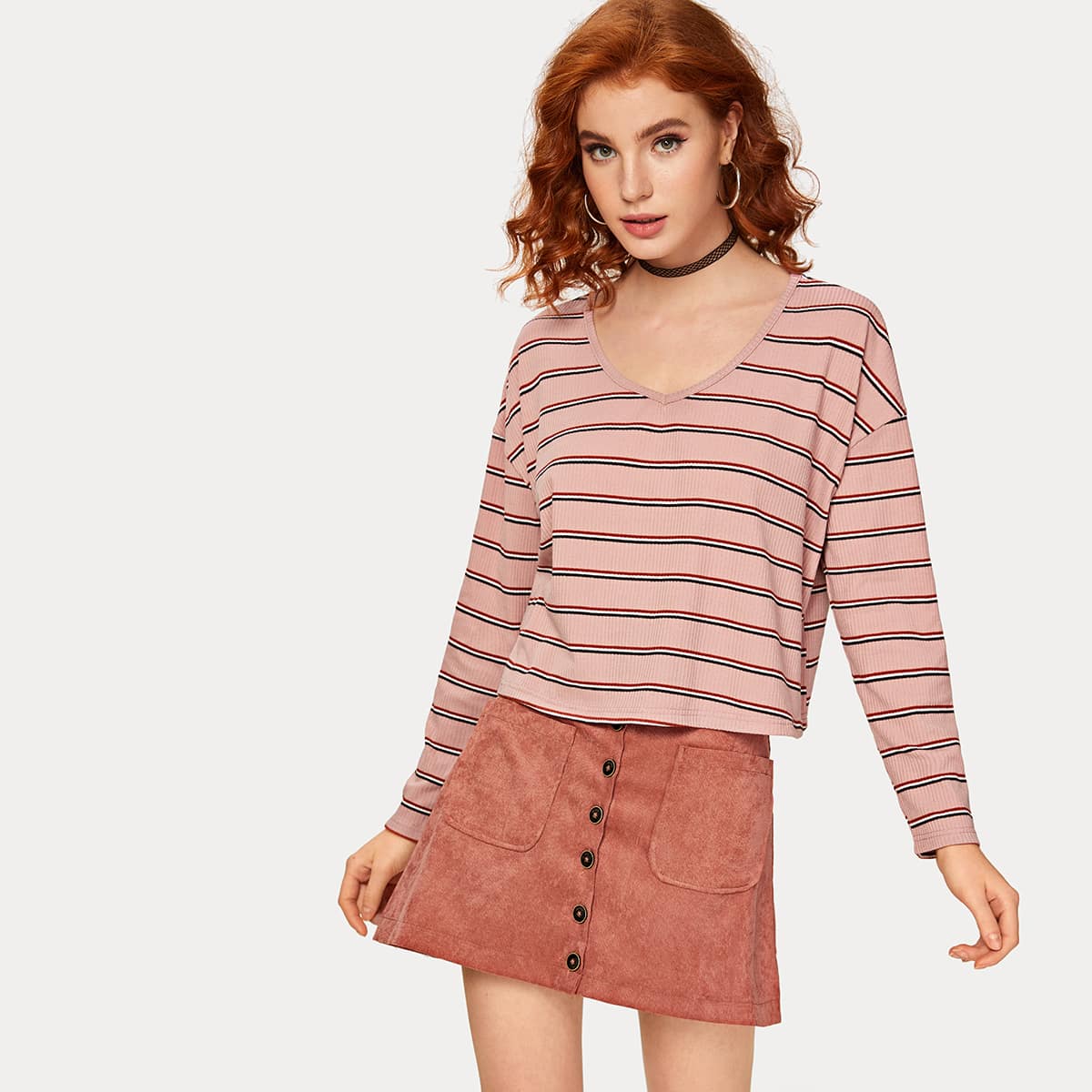 

Striped V-neck Drop Shoulder Ribbed Tee, Pink