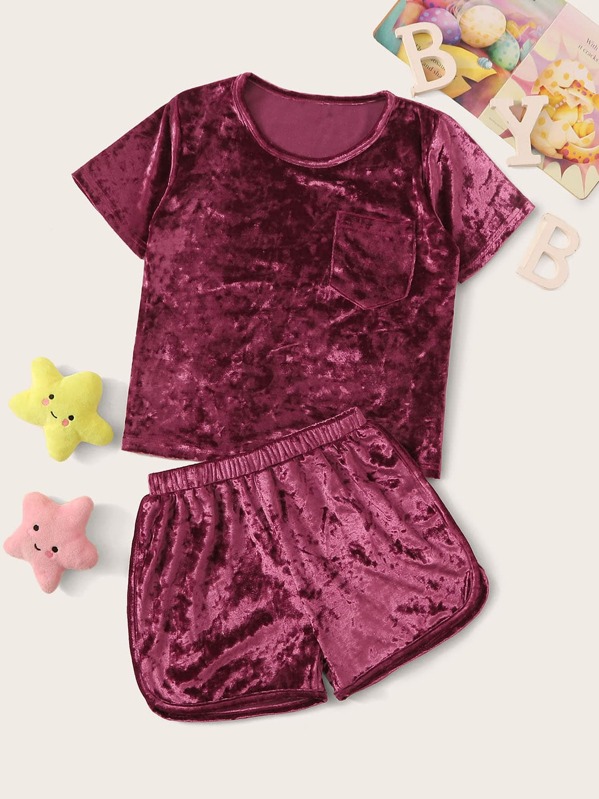 

Girls Pocket Detail Velvet Pajama Set, Burgundy
