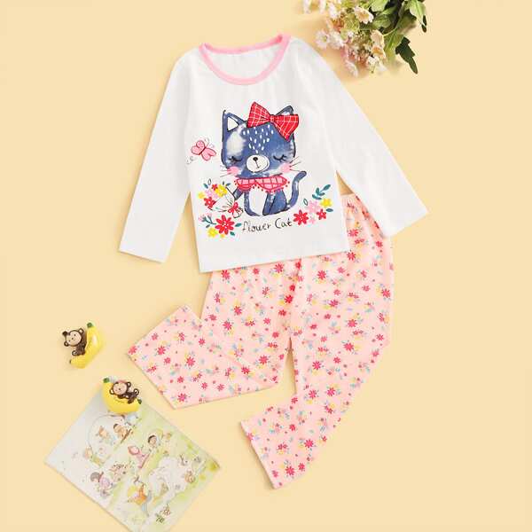 

Toddler Girls Cartoon Cat Graphic Pajama Set, Multicolor