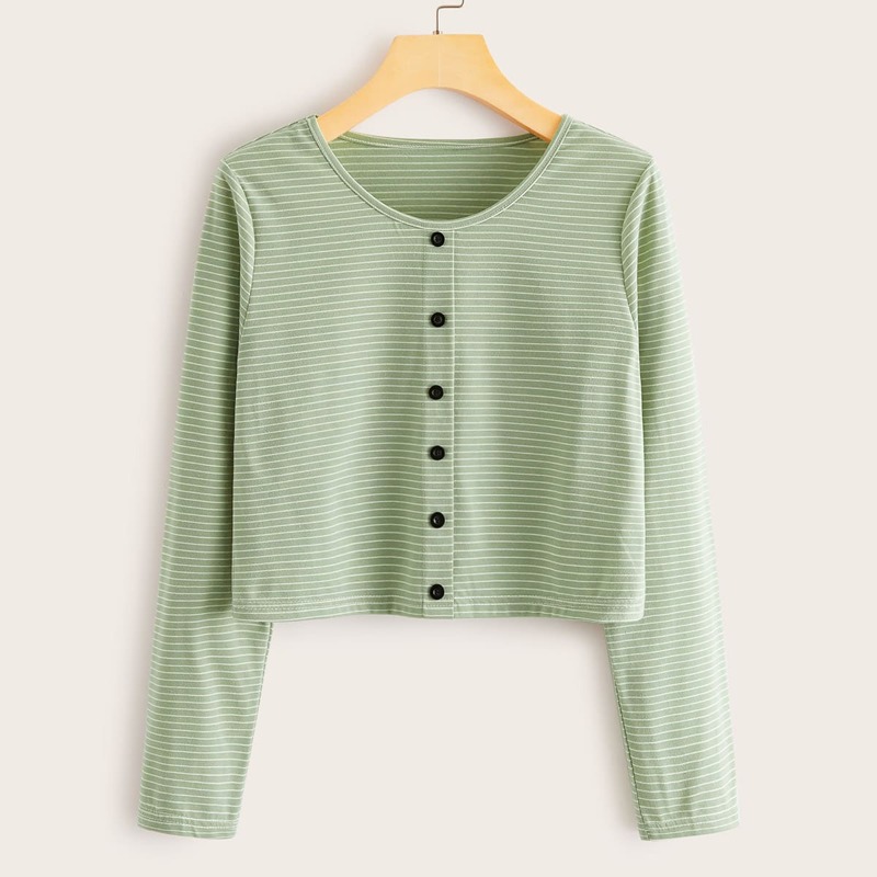 

Striped Button Front Crop Tee, Green