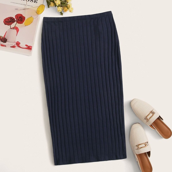 

Elastic Waist Rib-knit Pencil Skirt, Navy blue