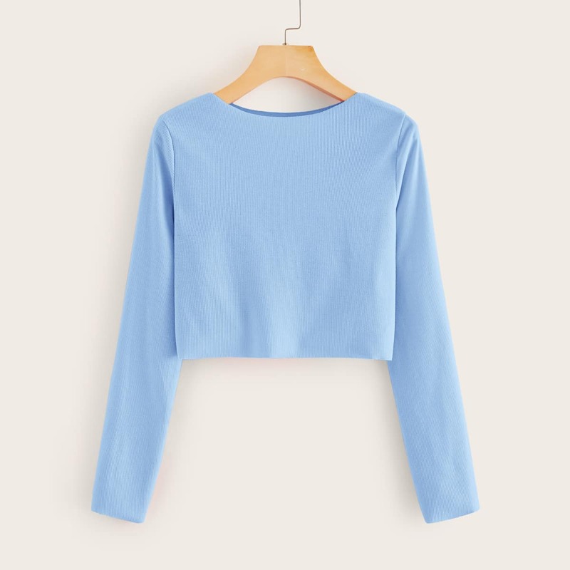 

Solid Long Sleeve Crop Ribbed Tee, Blue