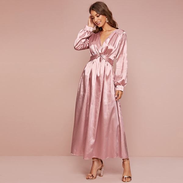 

Deep V-neck Twist Front Satin A-line Dress, Pink