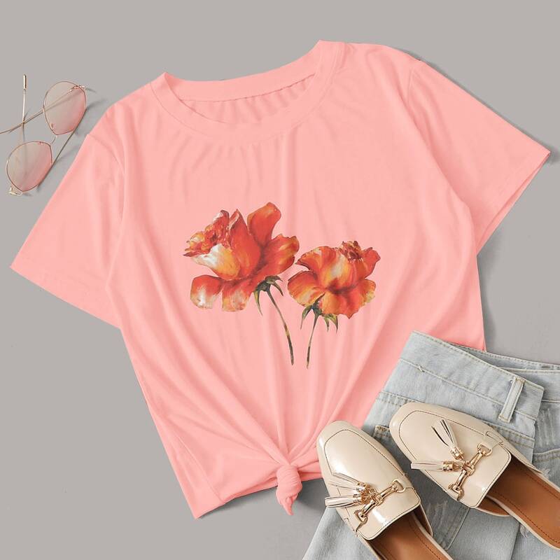 

Rose Print Short Sleeve Tee, Pink