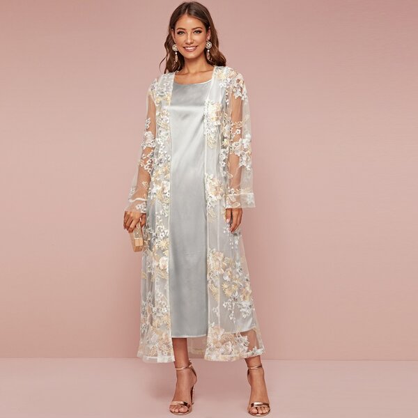 

Solid Satin Dress With Embroidery Mesh Kimono, Multicolor